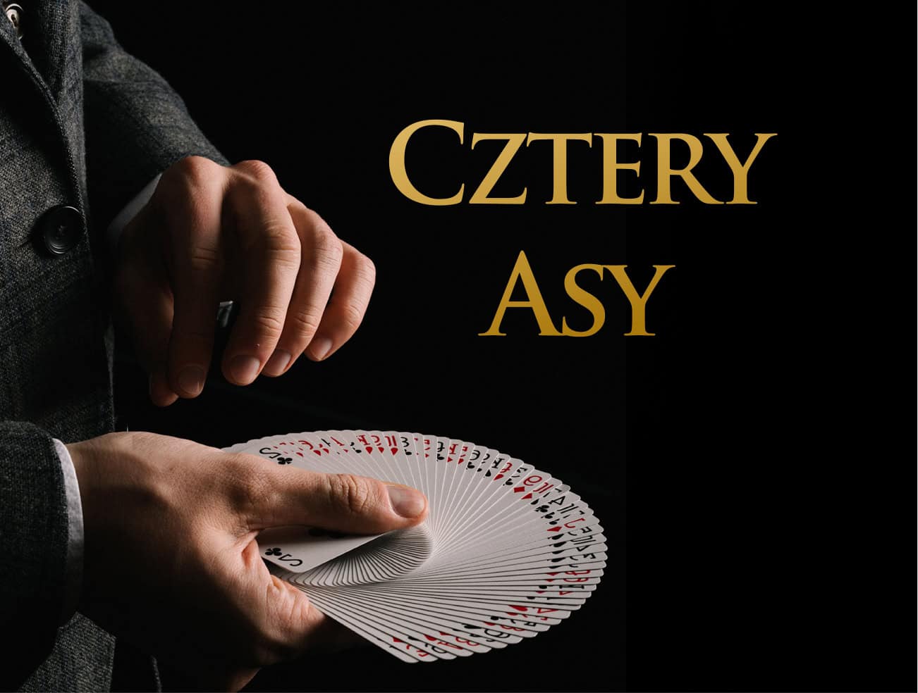 Czarne tło, osoba trzymająca talie kart, iluzja magia, nauka iluzji, Akademia Iluzji, sztuka magii.